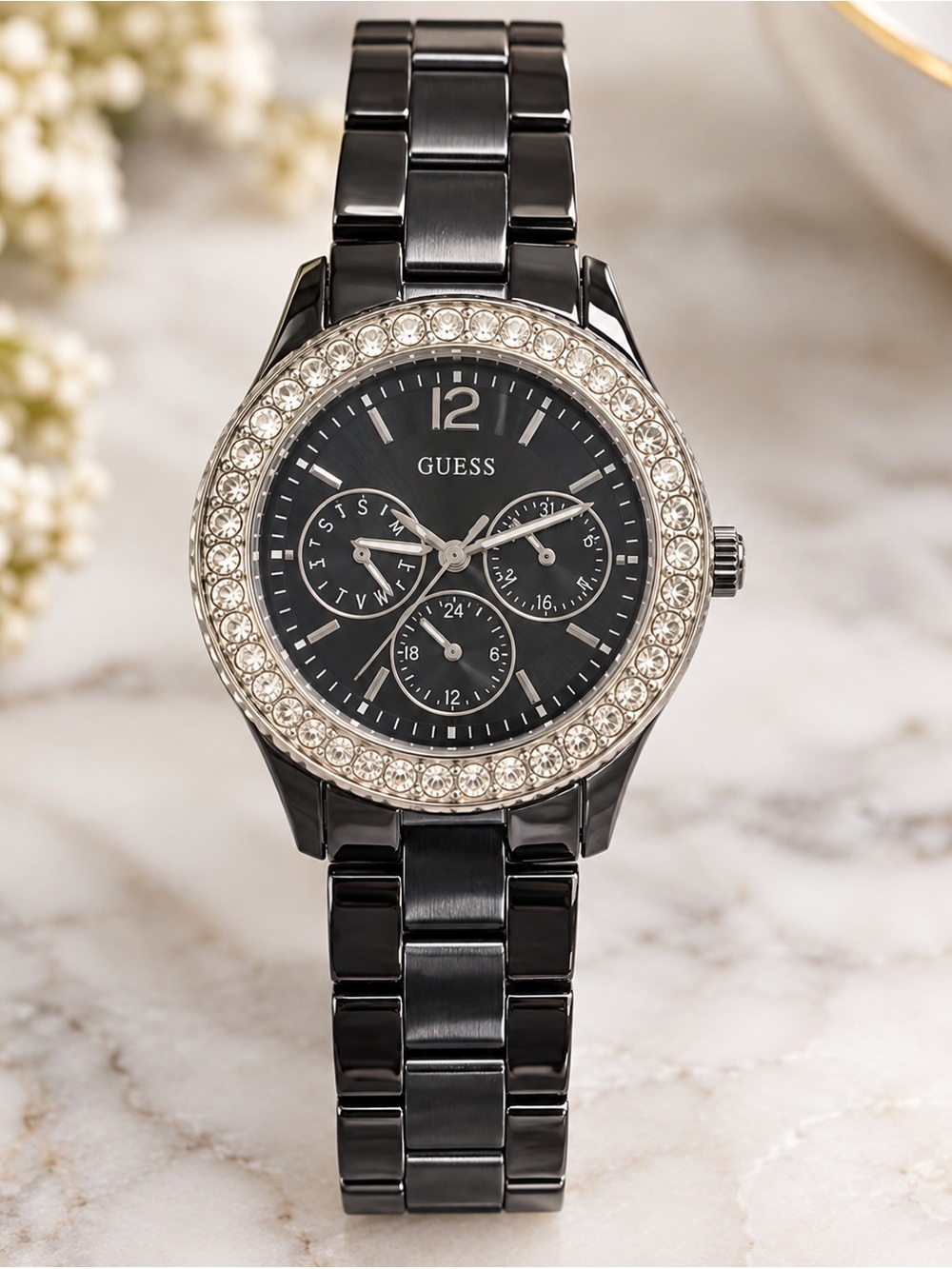 GUESS Waterpro U13004L1 Women's Watch Black Steel Band Crystal Bezel